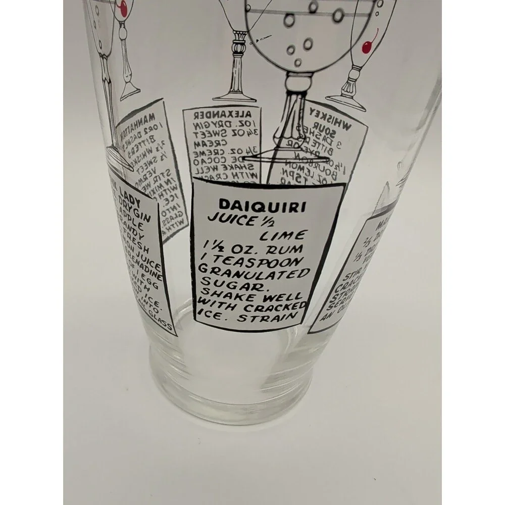 Vtg MCM XLarge 32-Oz Glass Cocktail Shaker Recipes 2 Lids Martini Daiquiri